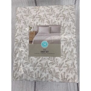 Martha Stewart Sheet Set King White Sandcastle 100% Cotton Botanical Leaf 4pc